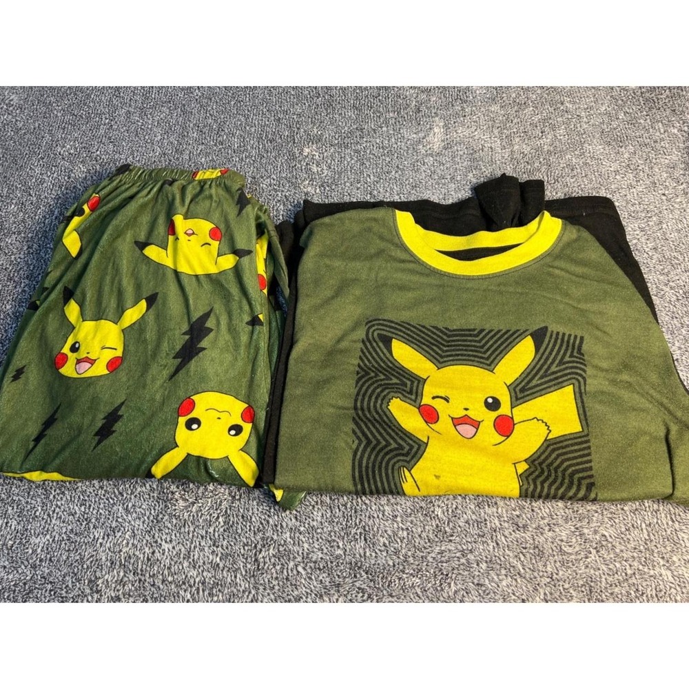 Pokemon Pikachu Boys Pajama Set Olive Green Black 2 Piece Size 14/16 PK404BLLWM